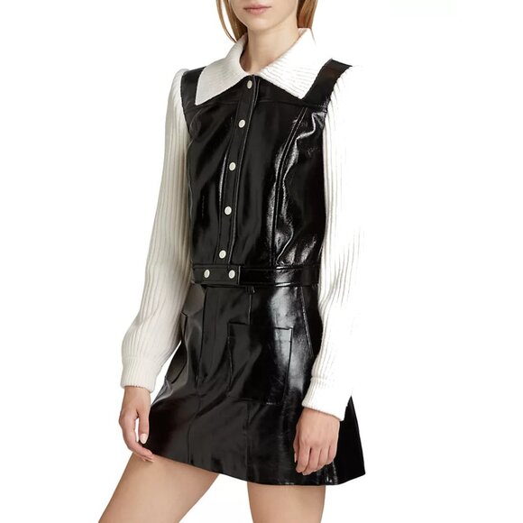 NEW Cinq a Sept Size M Ciara Patent Leather Mixed-Media Jacket - Black/Ivory - Picture 4 of 7